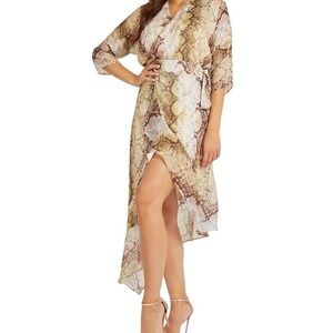 GUESS Wrap Dress Woman M Green Brown Phyton Snakeskin Asymmetrical Chiffon Lined